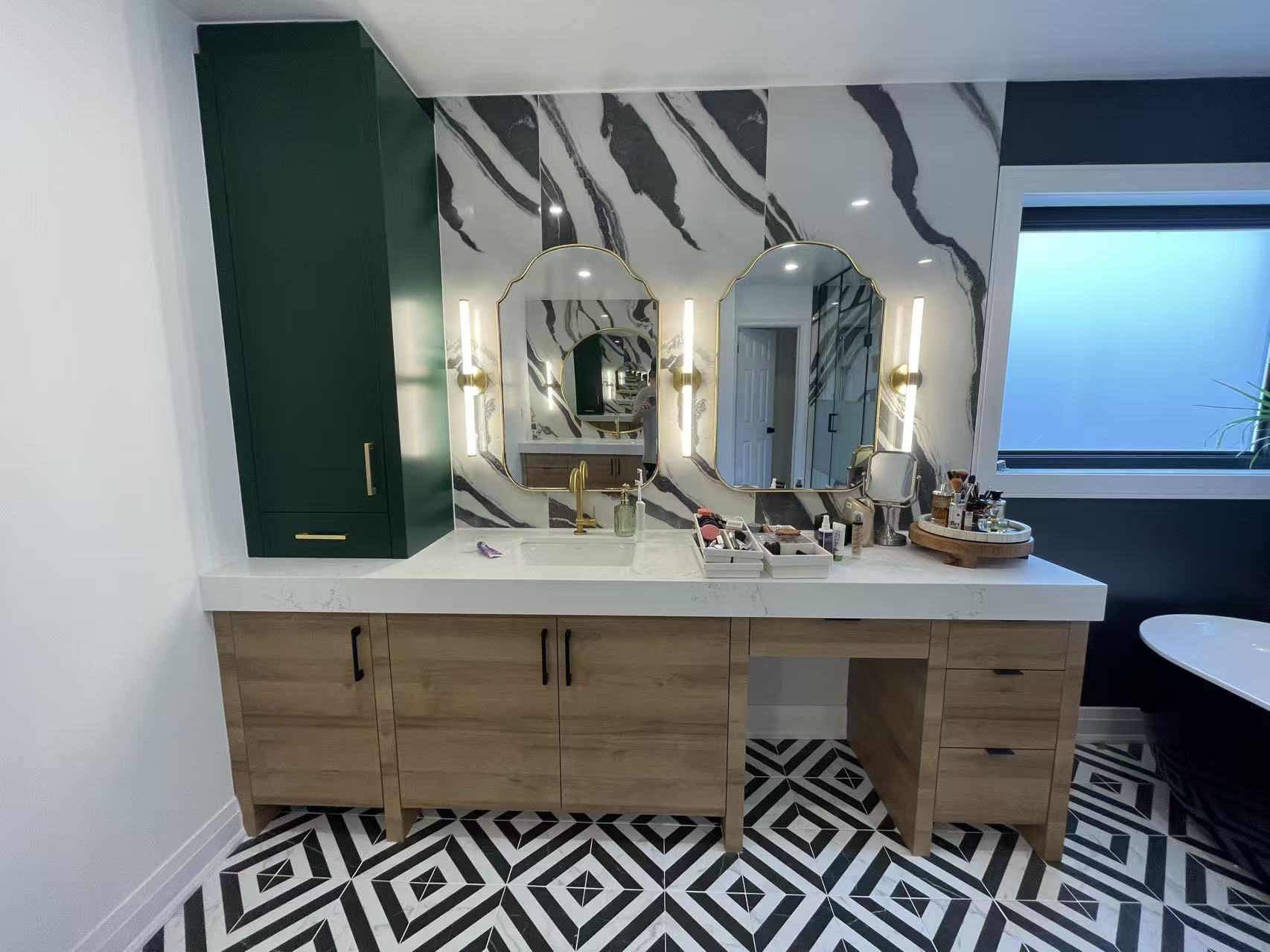 Double vanity green tower cabinet