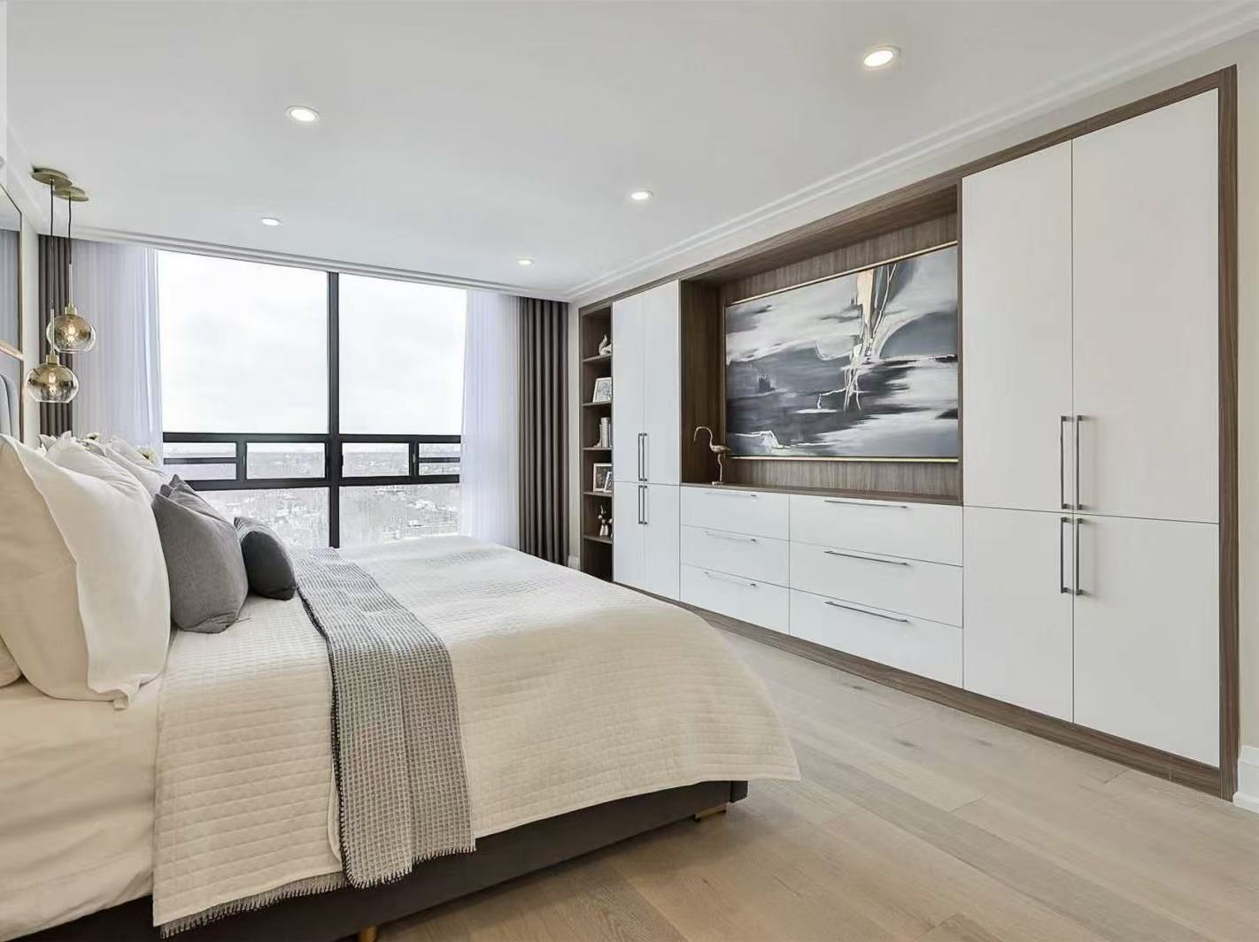 White wood bedroom wall unit