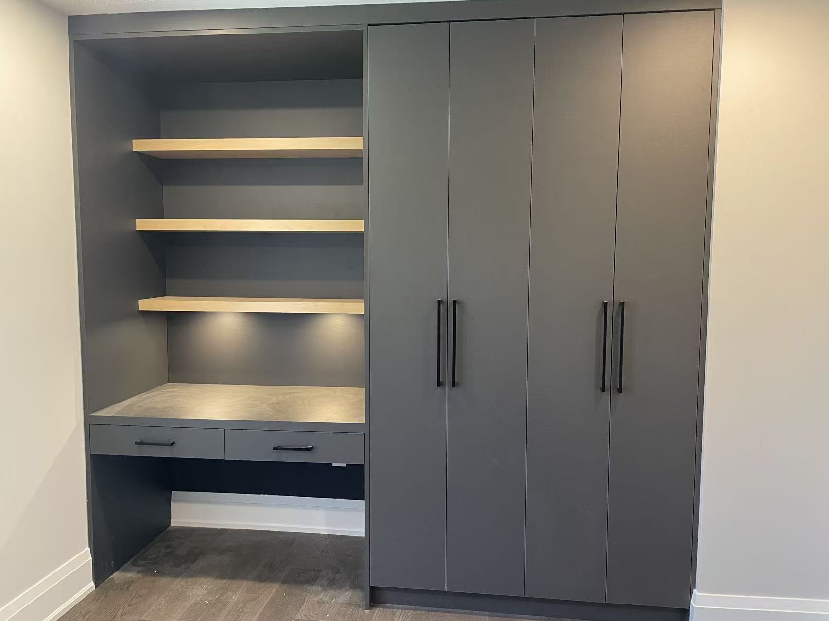 Dark home office built-in desk