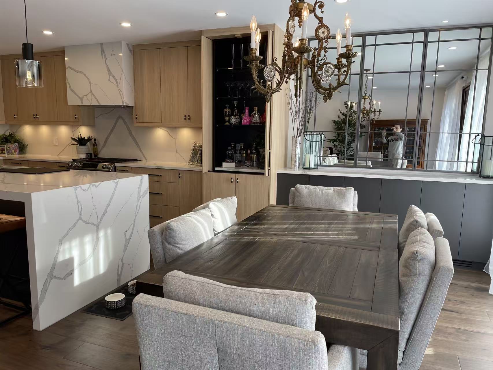 Marble island open to dining