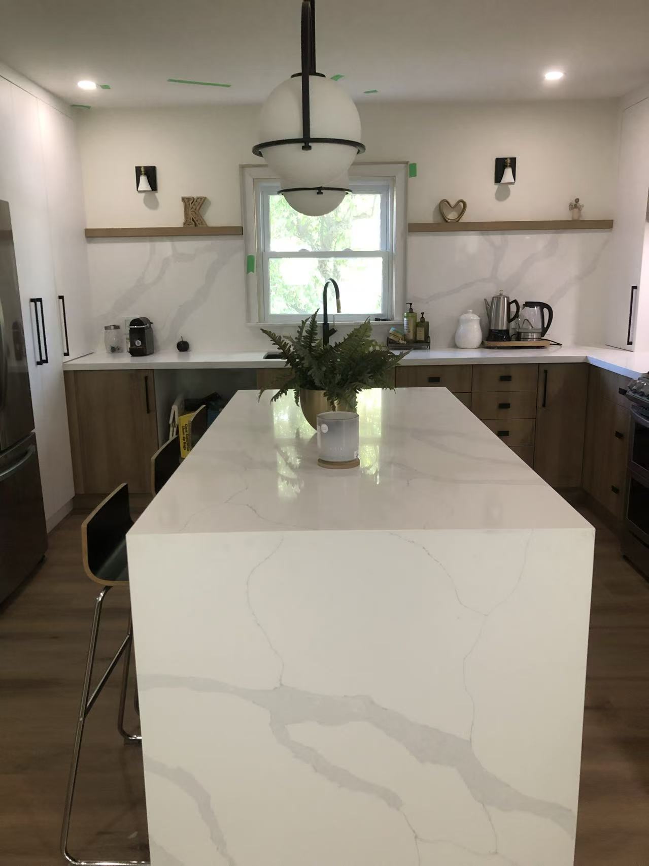 White quartz island wood lowers