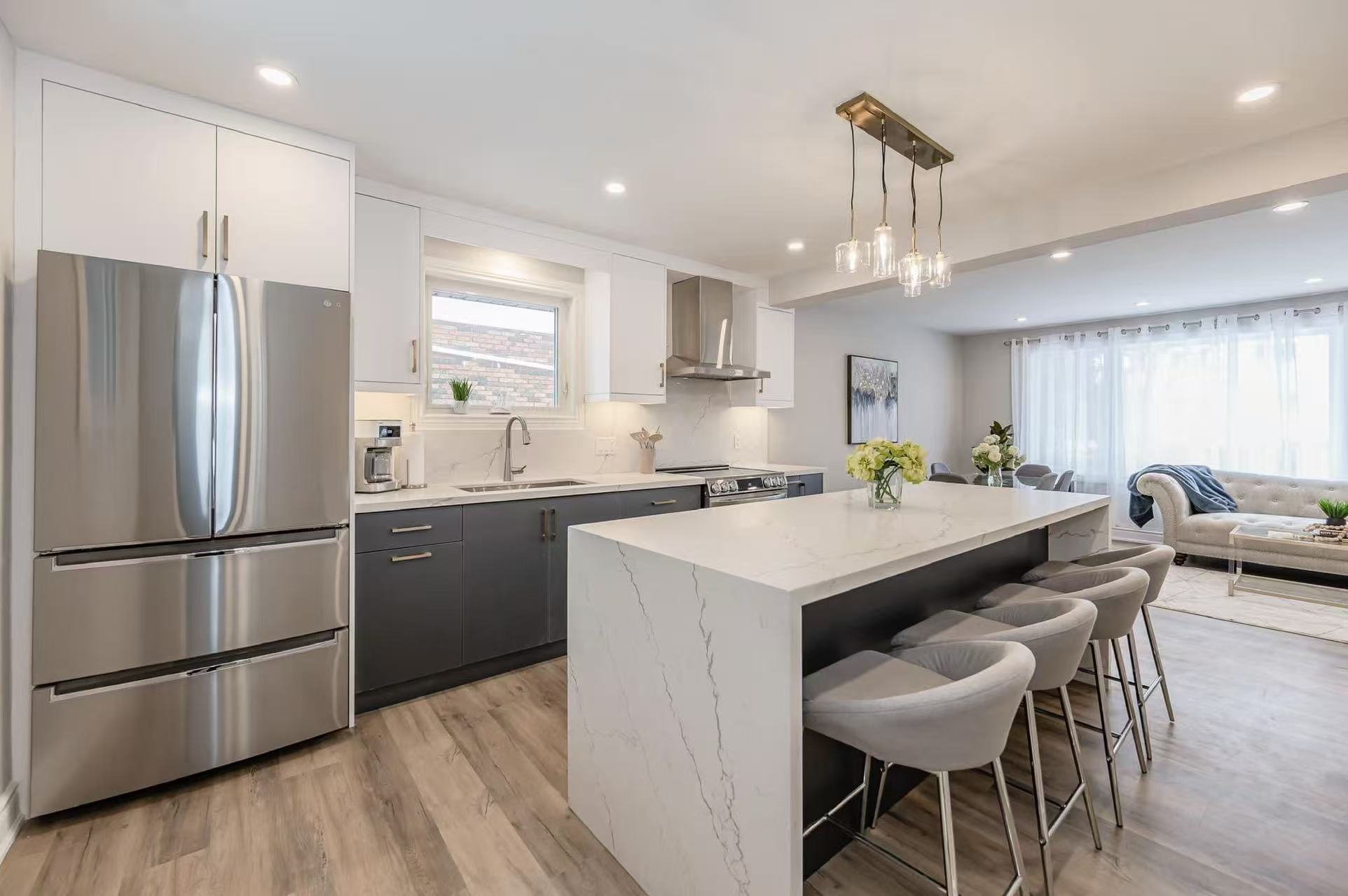 White and charcoal marble island