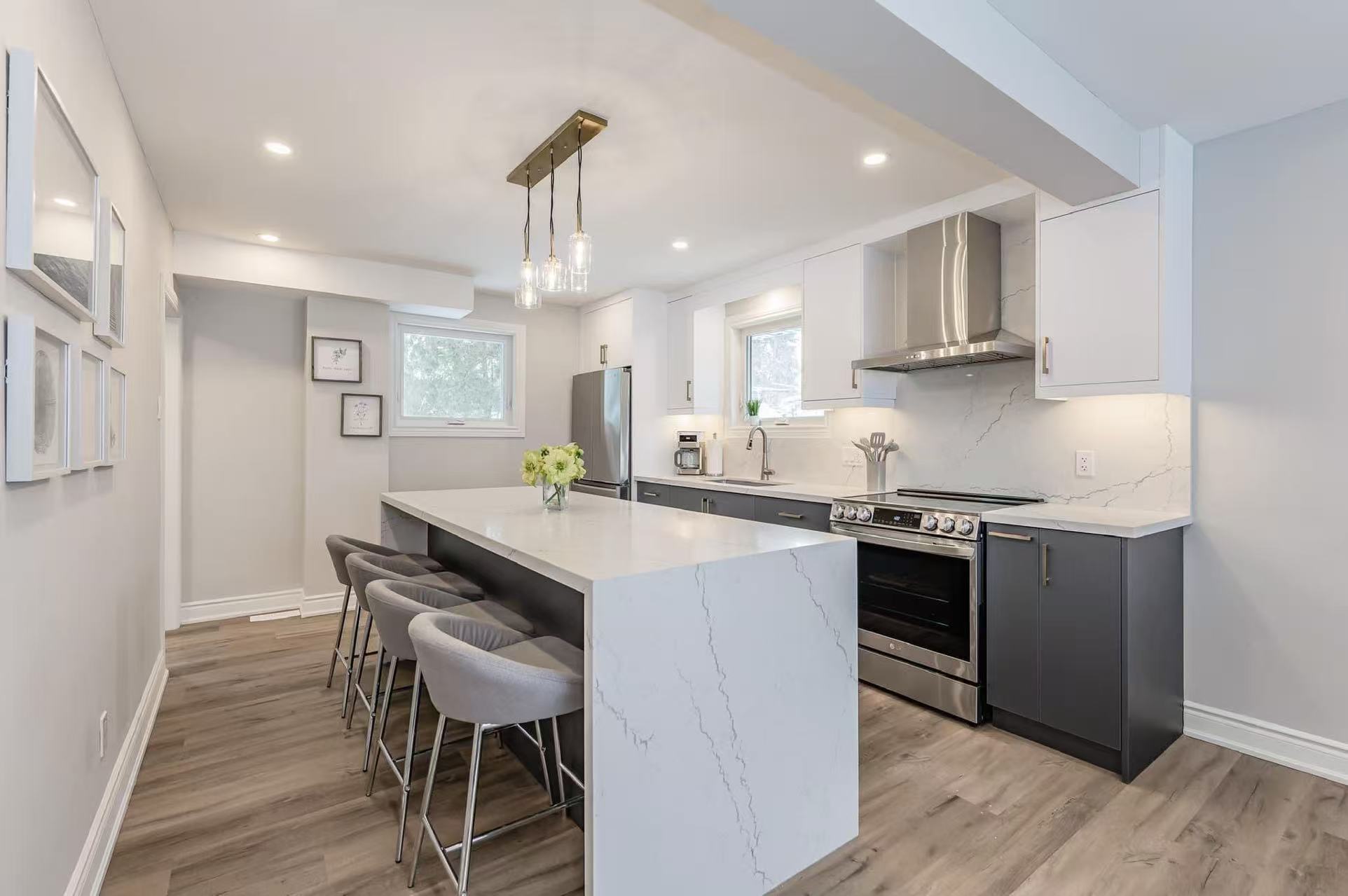 White and charcoal kitchen wide view
