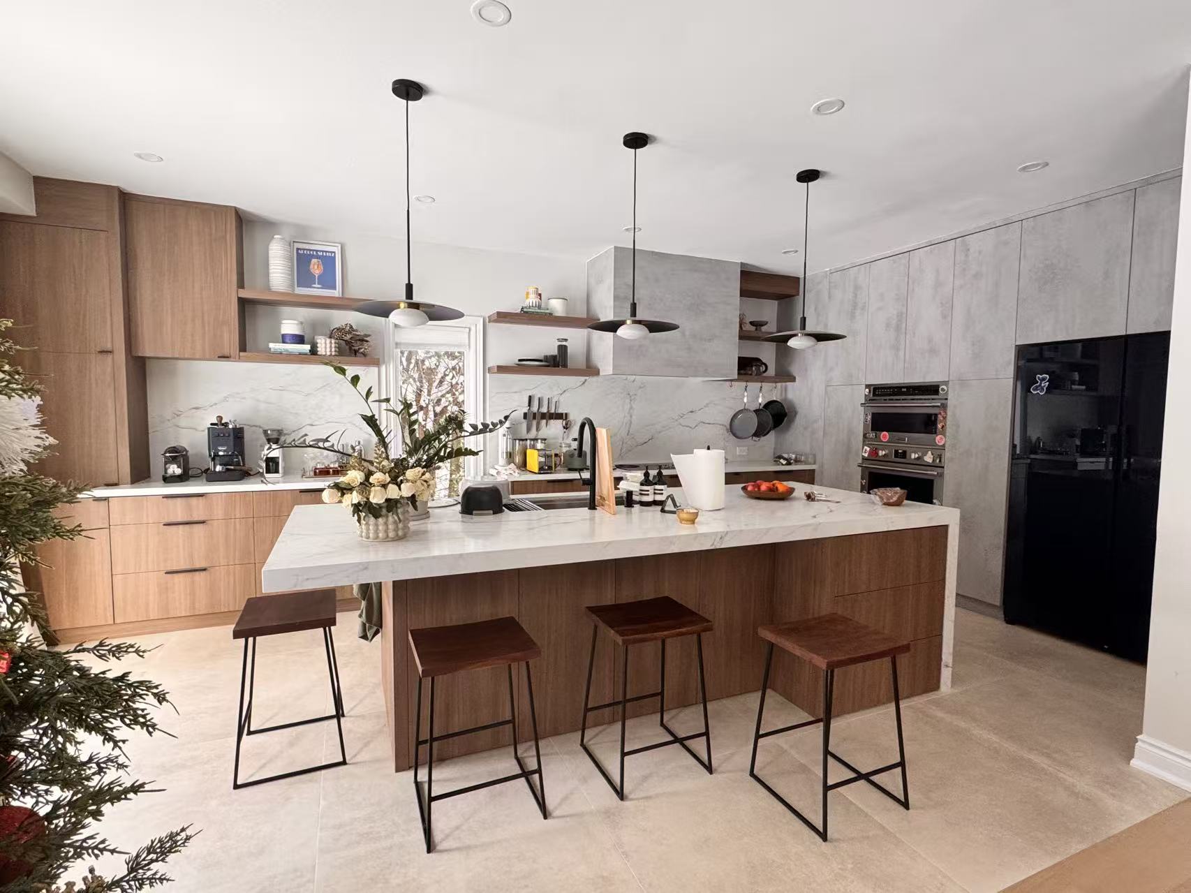 Wood tone open shelving island