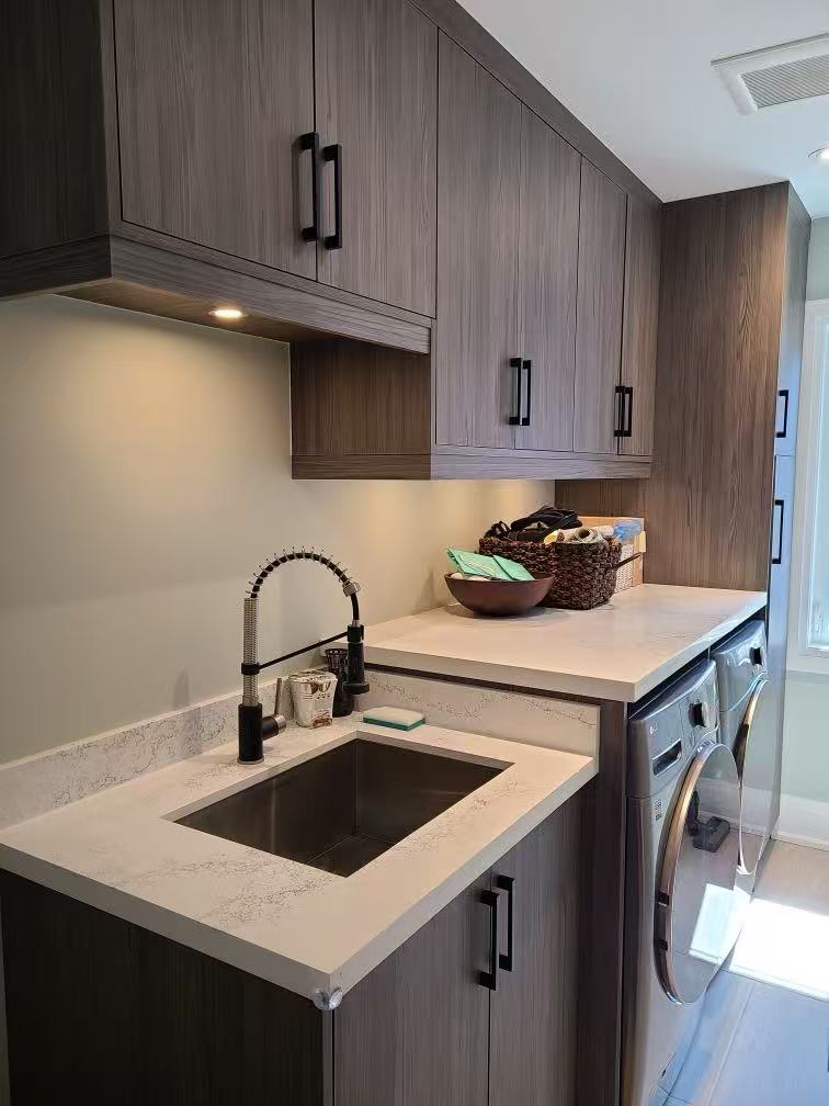 Dark wood tone laundry room