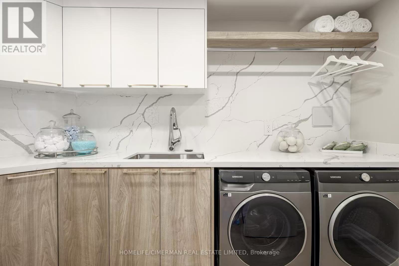 White and wood tone laundry room