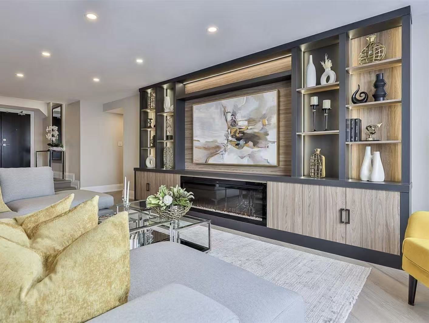 Gold accent entertainment wall
