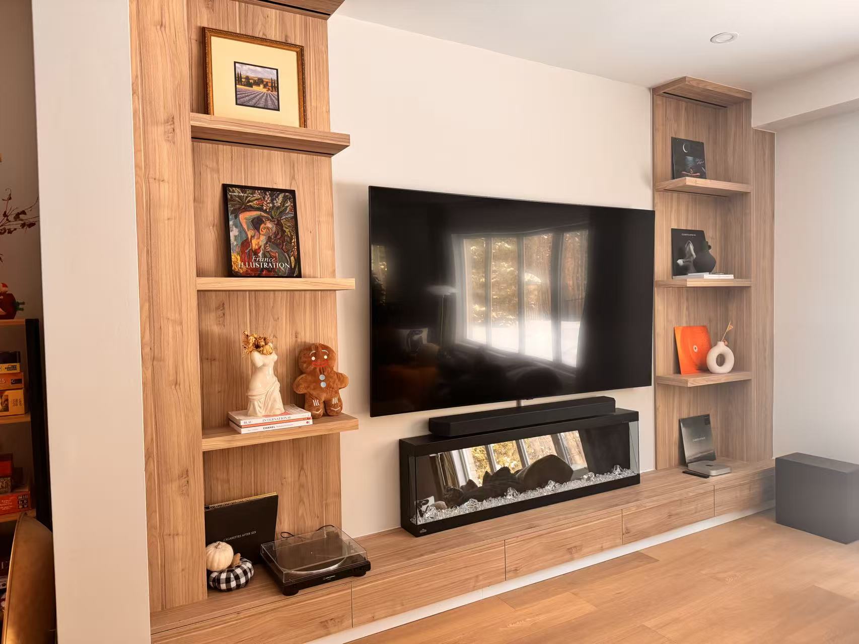 Wood tone TV unit electric fireplace